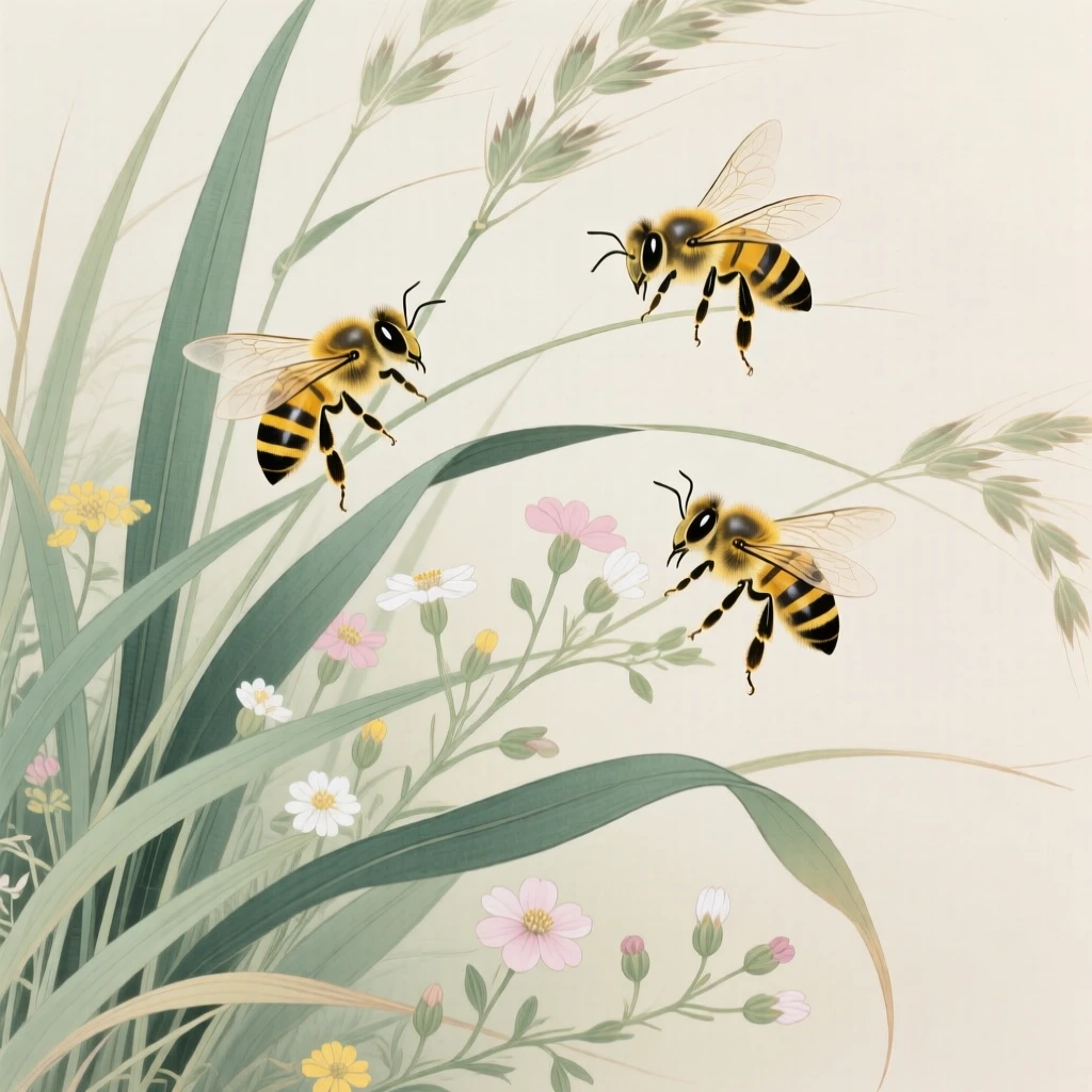 A cluster of honeybees among tall grasses swaying in the breeze