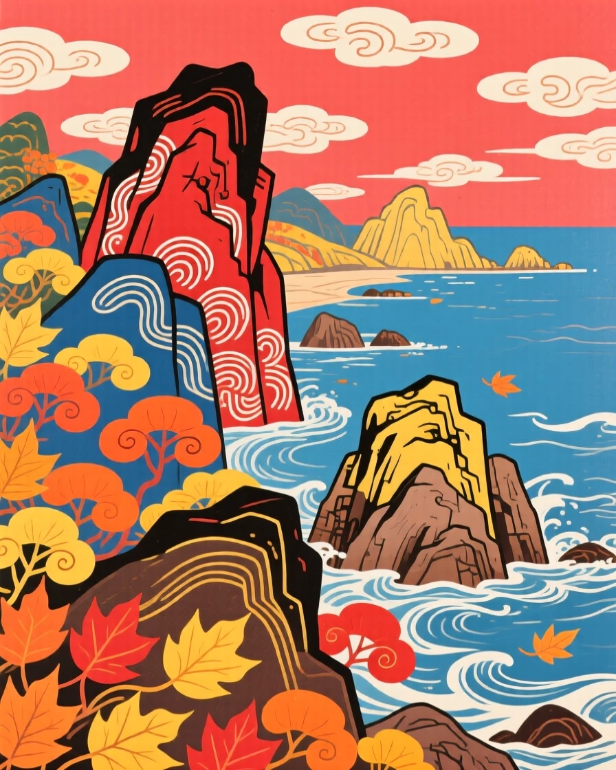 A sweeping view of a stretch of coastline with weathered rock formations with autumn leaves swirling in the
