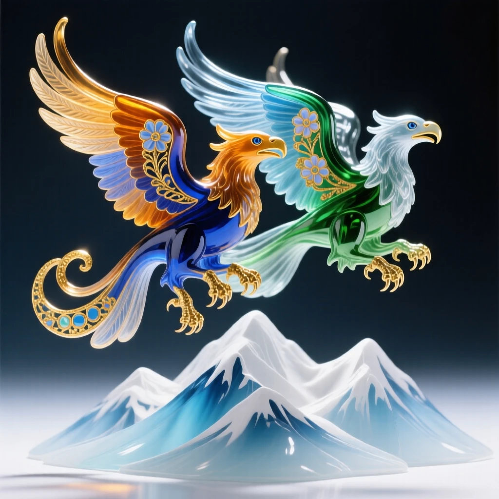 A pair of griffins soaring together above snow-capped mountain peaks, majestic and bonded.