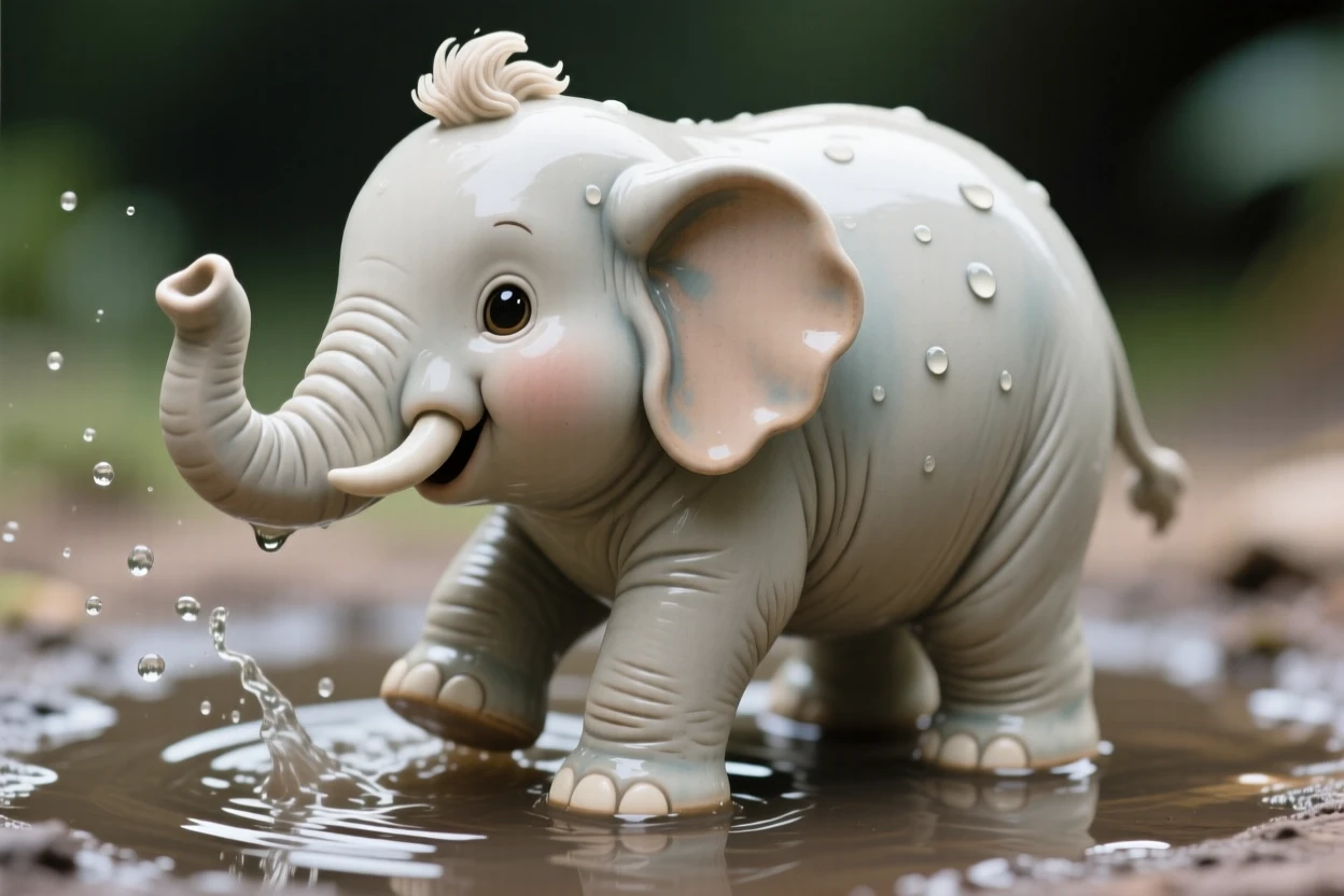 A chubby baby elephant splashing in a puddle posed with an adorably curious tilt of the head, with a small, endearing tuft of fluff, capturing a moment of pure childlike delight.
