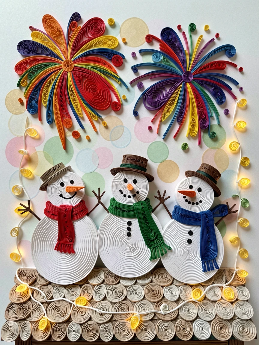 A festive holiday scene of a family of snowmen wearing colorful scarves on a rooftop overlooking a fireworks-lit skyline, under the warm glow of string lights, captured with festive bokeh lights in the background.