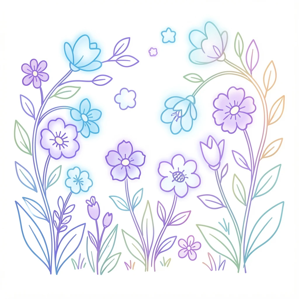 A mystical garden where flowers glow softly in shades of blue and purple.