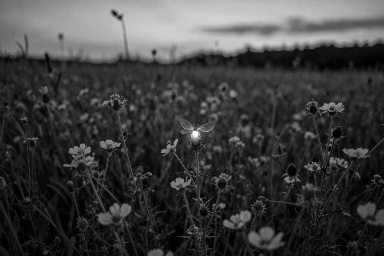 A firefly glows softly in the summer dusk in a wildflower meadow.