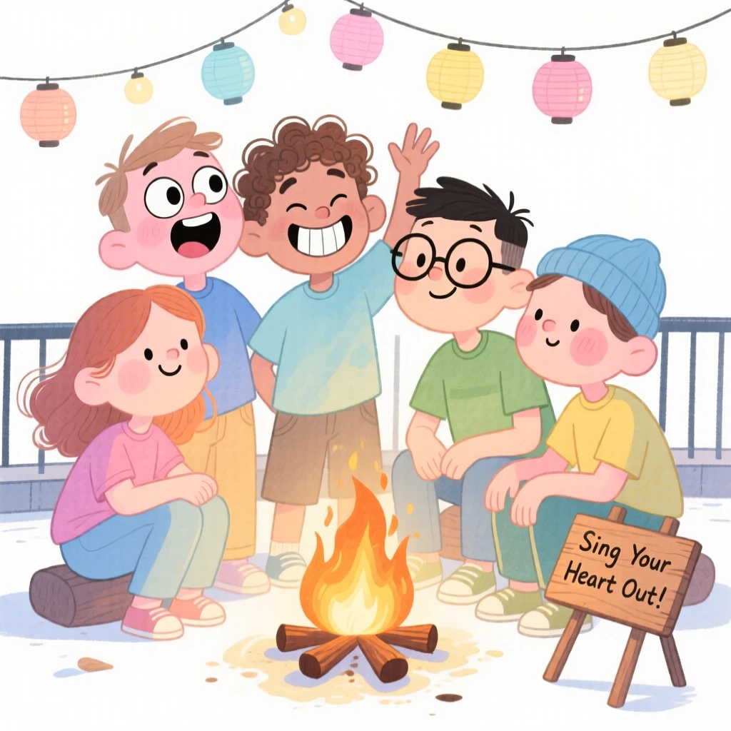 A group of friends at a rooftop party singing together around a campfire