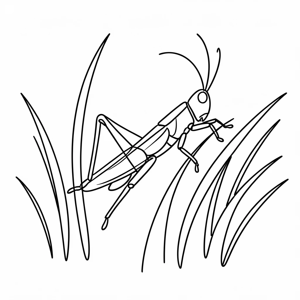 A grasshopper leaping between blades of grass in a summer field