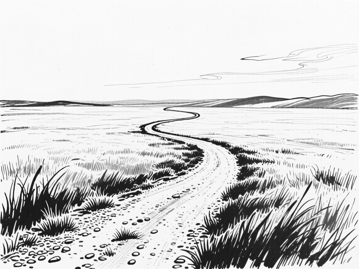 A vast open plain with a single winding dirt road leading to the horizon.