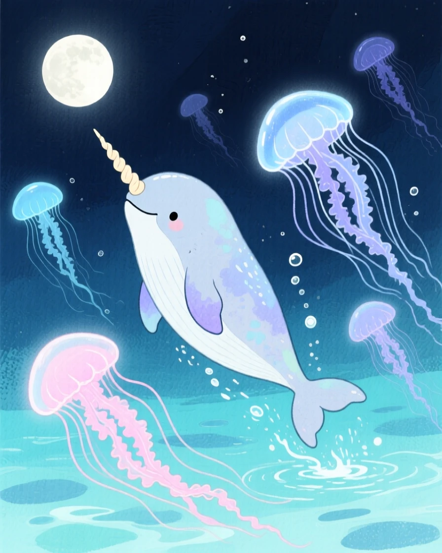 A tiny narwhal with a spiraled horn leaps playfully among glowing jellyfish in a moonlit underwater scene