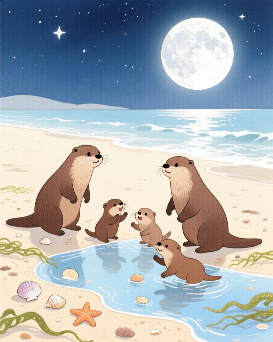 A family of otters exploring a sandy beach at low tide under a full moon.