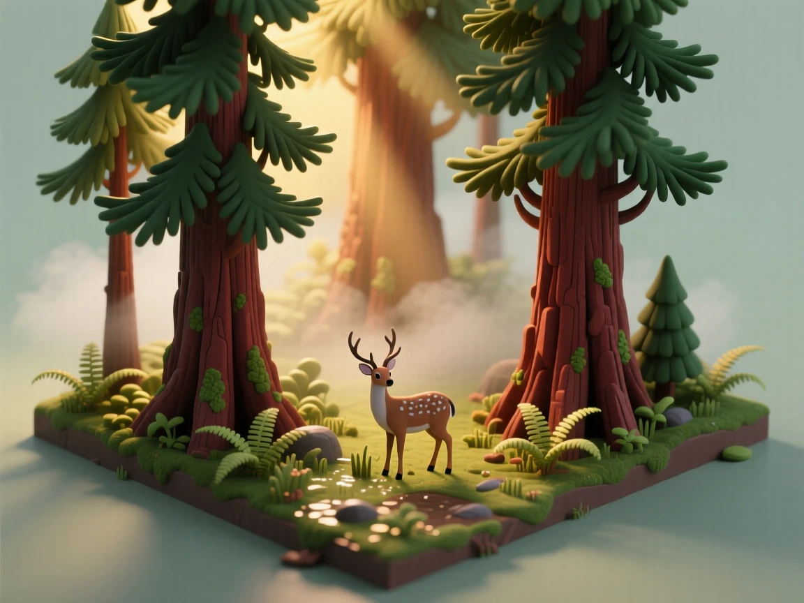 A misty redwood forest with towering ancient trees, shafts of golden light breaking through the canopy, and a deer grazing quietly among ferns.