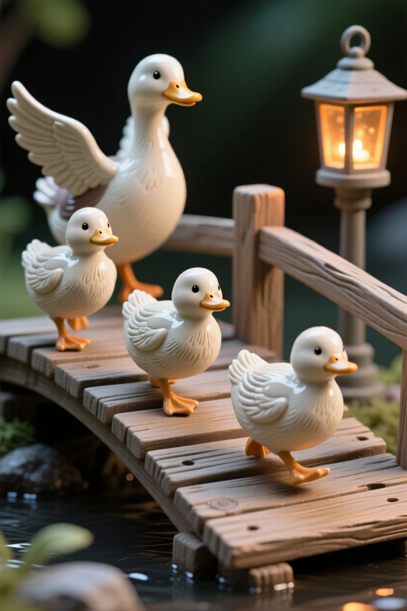 A duckling family crossing a wooden bridge posed mid-adventure with playful energy, with warm lantern light glowing softly nearby, evoking childlike wonder and gentle humor.