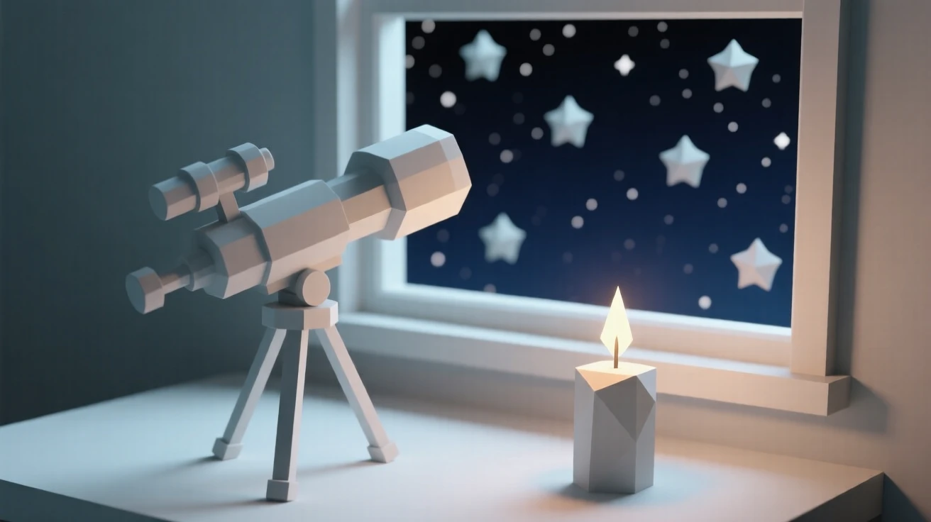 A telescope pointed toward a starry window view, in the soft glow of candlelight. a shallow depth of field isolates the main object. It evokes a feeling of gentle nostalgia.