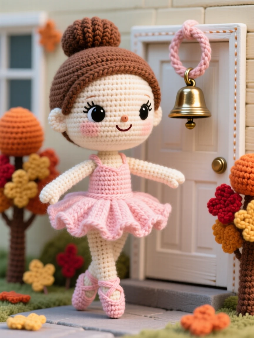 a young ballerina, with a tutu and hair pulled into a neat bun, is captured balanced gracefully on pointed toes in a quiet schoolyard framed by autumn trees beside a small brass bell hanging by the door, radiating quiet contentment in simple daily work.