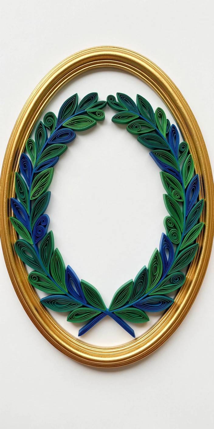 An elegant design featuring a formal wreath of laurel leaves encircling a monogram space, built up in graduated layers of increasing size, in a palette of jewel-toned emerald and sapphire, mounted within a gilded oval frame.