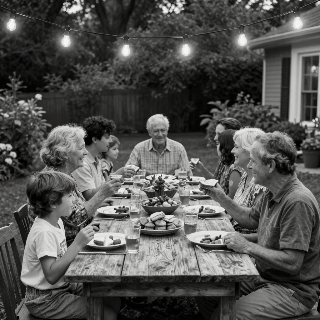 A family reunion gathers around a long outdoor table beneath strings of hanging lights.