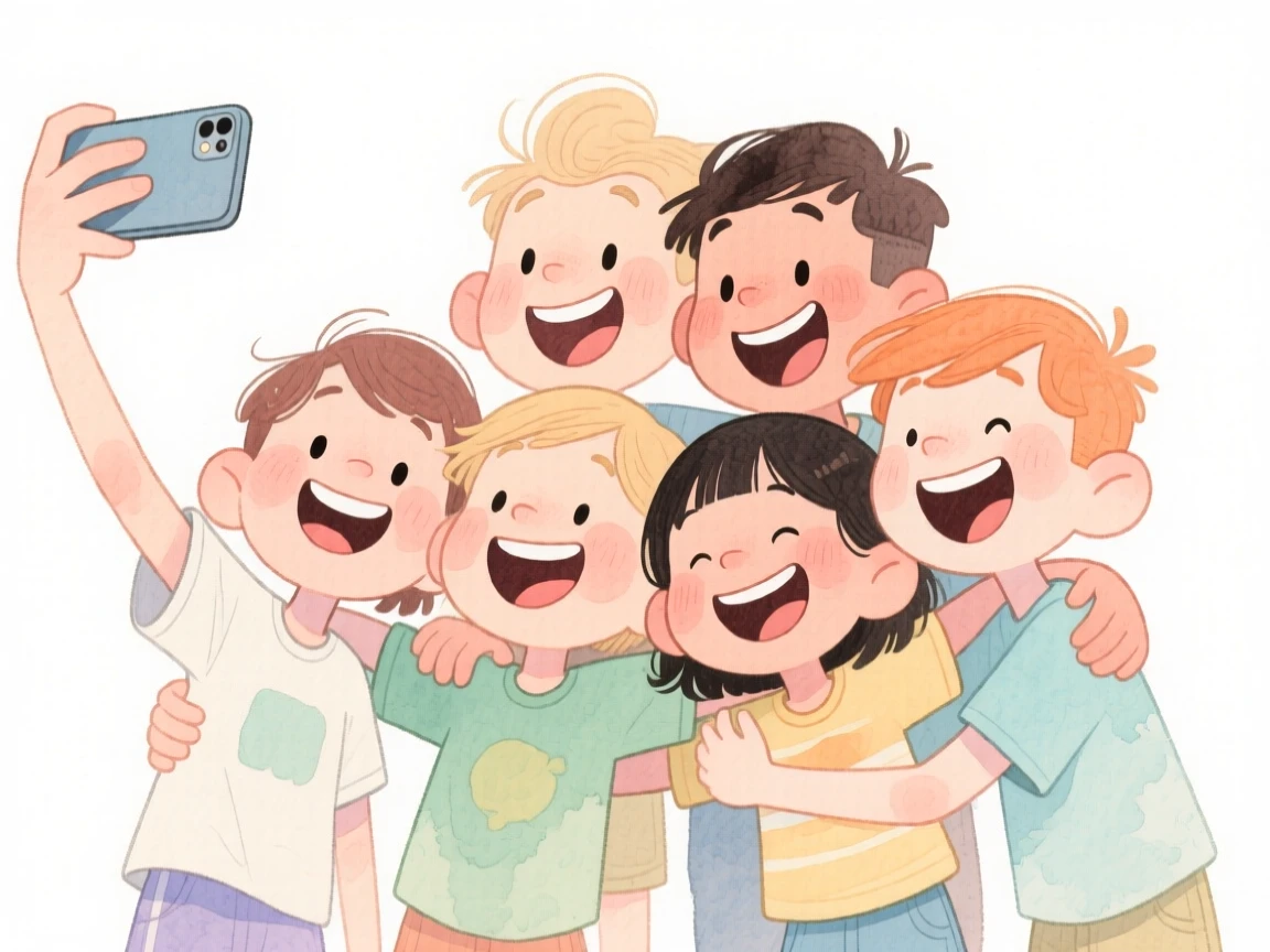 A tight group of childhood friends taking a joyful group selfie at a music festival