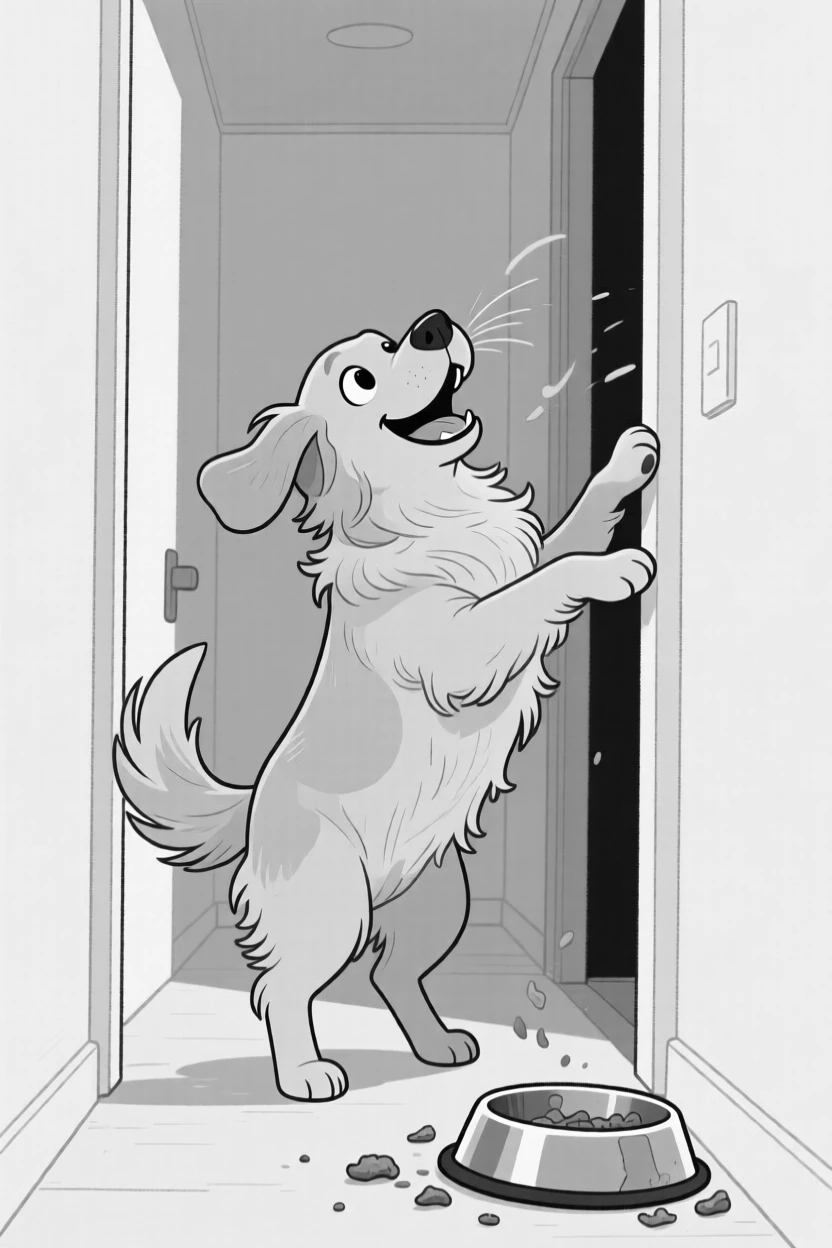 A fluffy golden retriever with one ear flopped inside out, rearing up with mane flying in slow motion, set blocking a narrow hallway. A food bowl sits tipped over and empty. The scene captures unconditional, goofy love.