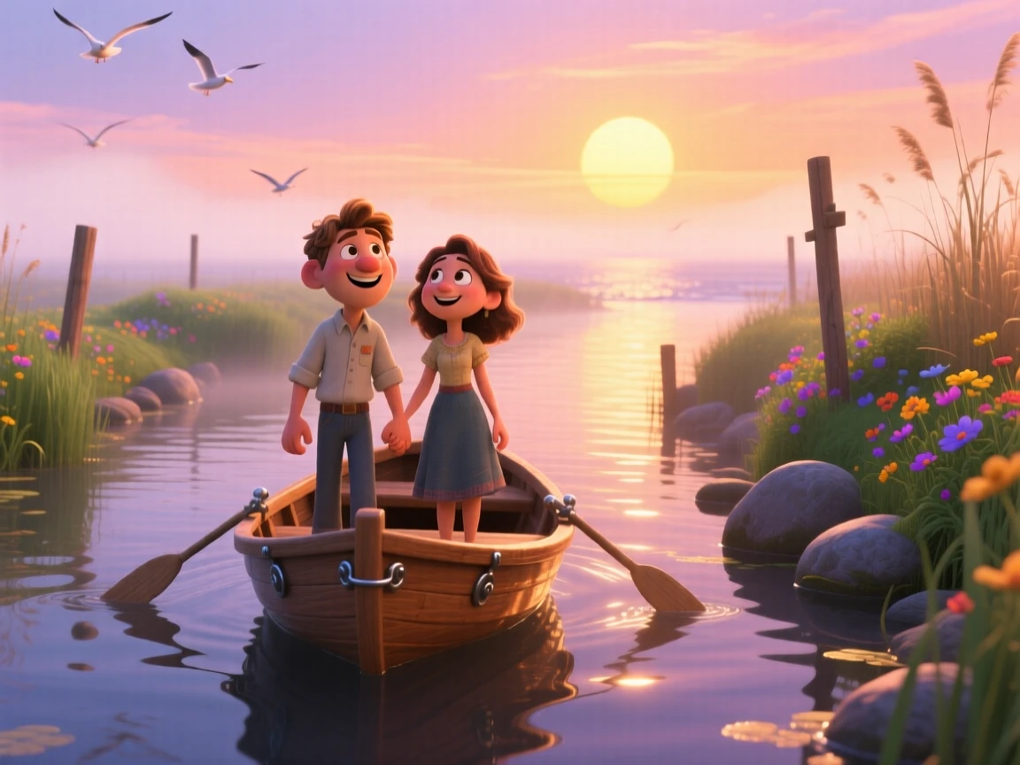 A couple holding hands stands on a small boat gliding through a quiet canal, watching the sun rise over the horizon. A quiet excitement for discovery lingers in the air, with the scent of salt air carried on the wind.