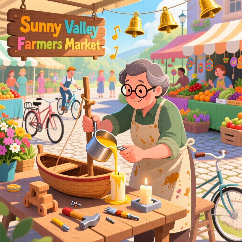 In a sunny farmers market, a candle maker pouring warm wax is busy repairing a wooden toy boat, as bicycle bells chime somewhere nearby.