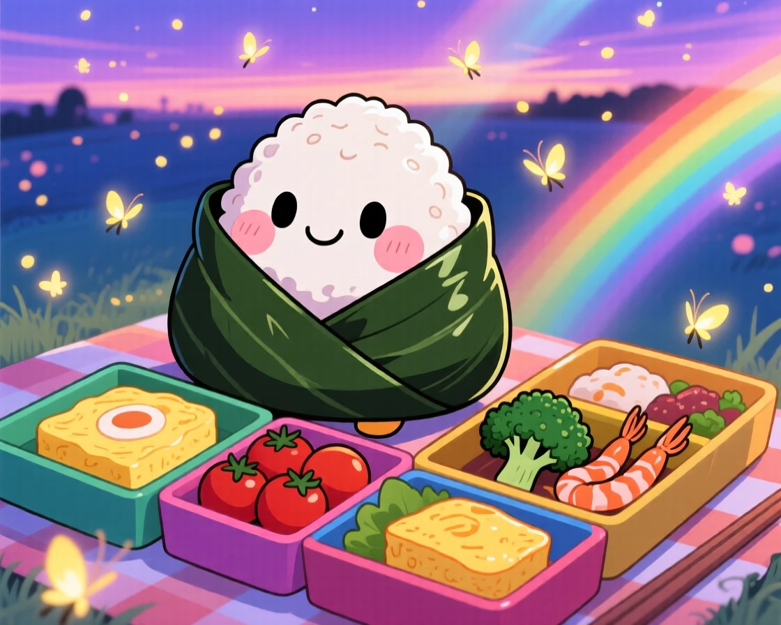 Bird's-eye view: a smiling rice ball character, wrapped snugly in a seaweed blanket, set against a bento box picnic as fireflies begin to glow at dusk, with bright rainbow-tinted light and a mood of shy bashfulness.