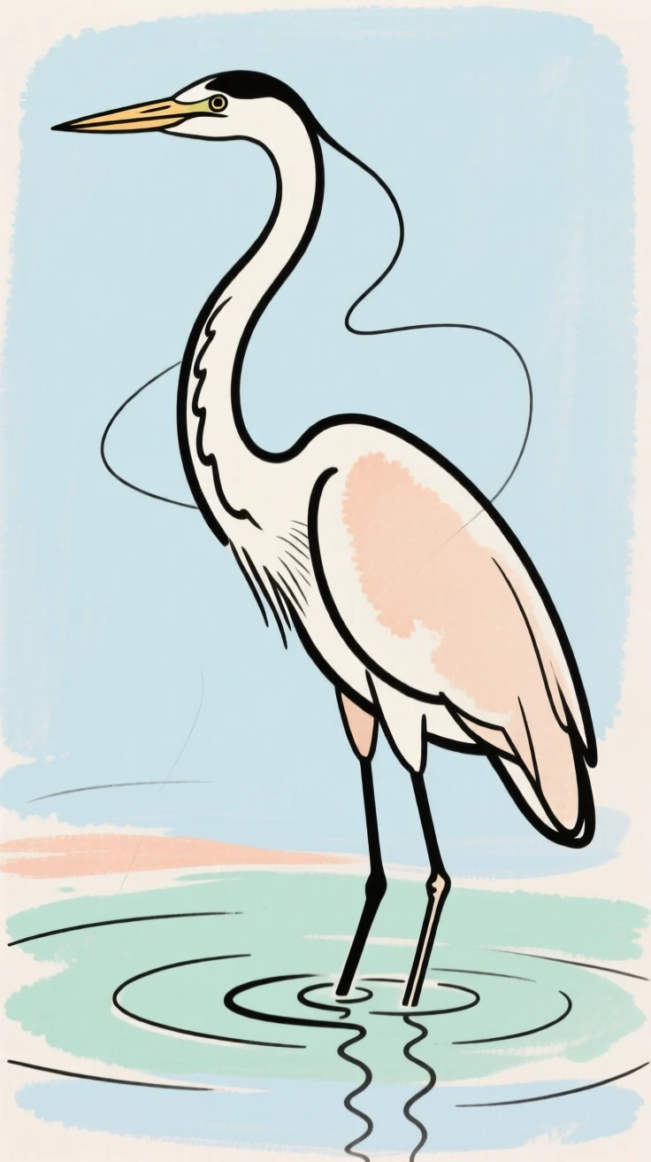 A heron standing still in shallow water