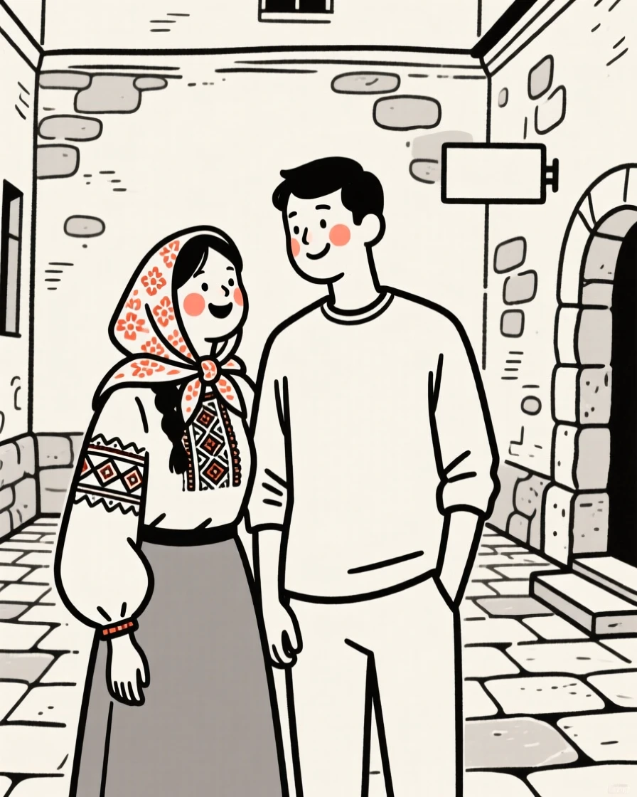 A newly engaged couple of Russian heritage, beaming with pride, in an old stone courtyard.