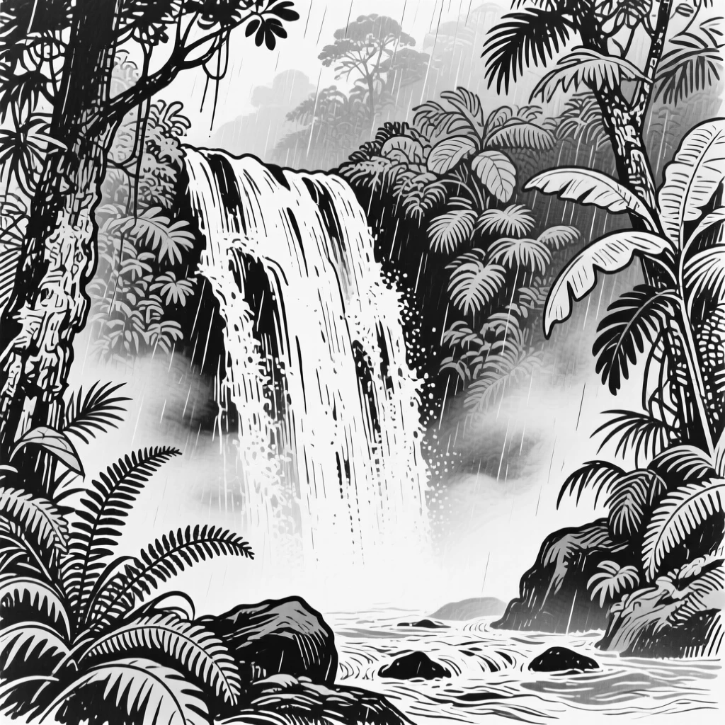 A misty rainforest waterfall surrounded by dense green foliage.