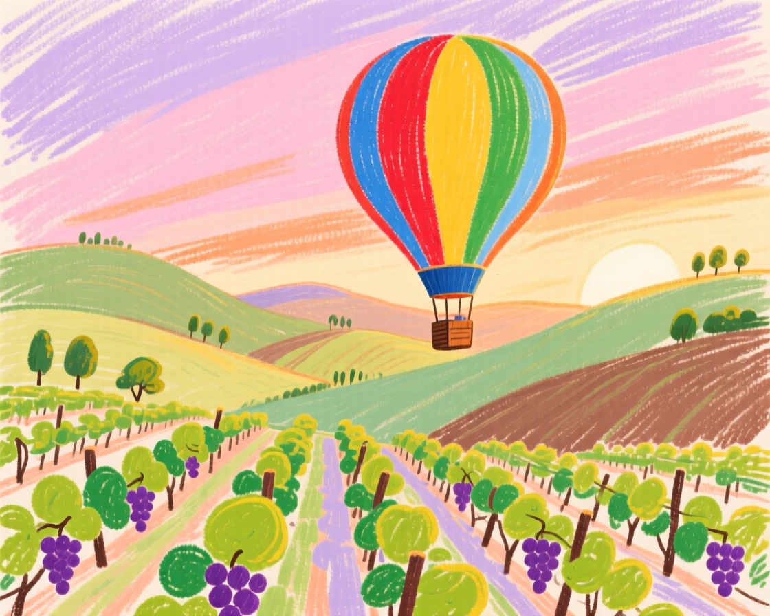A hot air balloon drifting above a valley of vineyards at dawn.