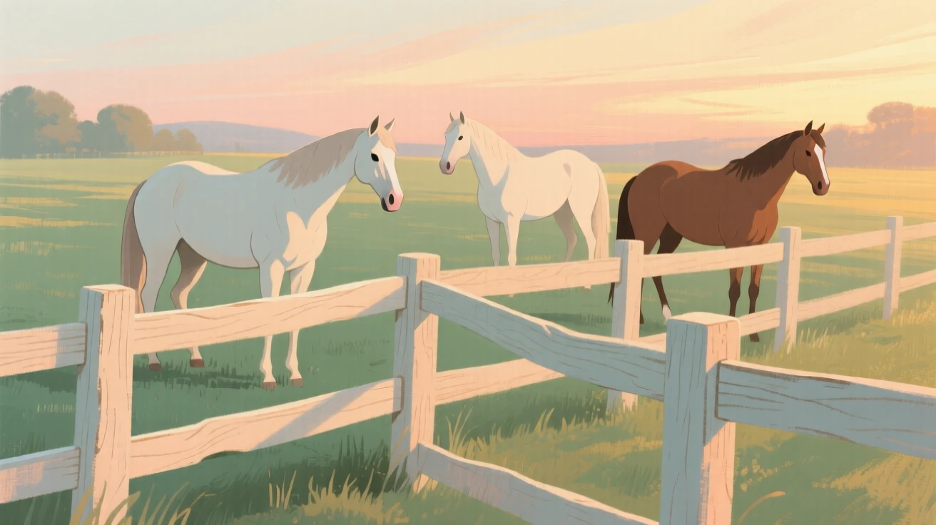 A wooden fence bordering a pasture of grazing horses at dusk