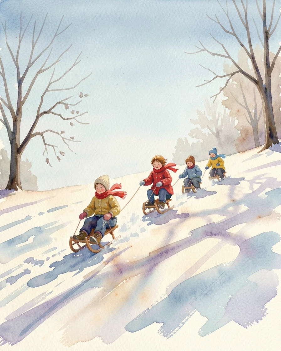 Kids sledding down a snowy hill on a warm sunny afternoon.