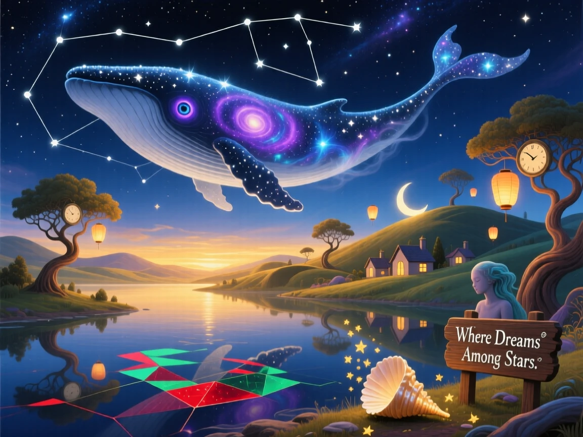 A night sky where constellations form the outline of a giant whale hangs silently over a sleeping world below, as a soft golden light spills over distant sleeping hills.