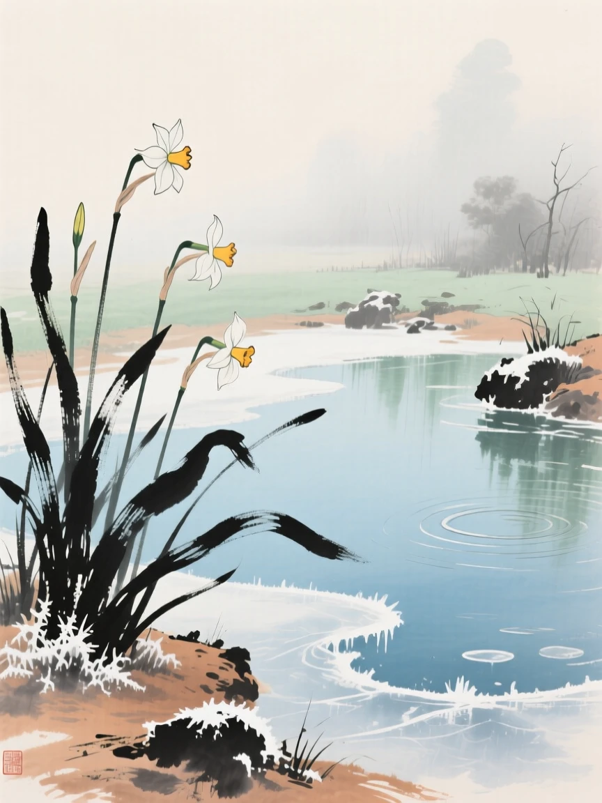 Narcissus flowers blooming beside a frozen garden pond, as morning mist begins to lift.