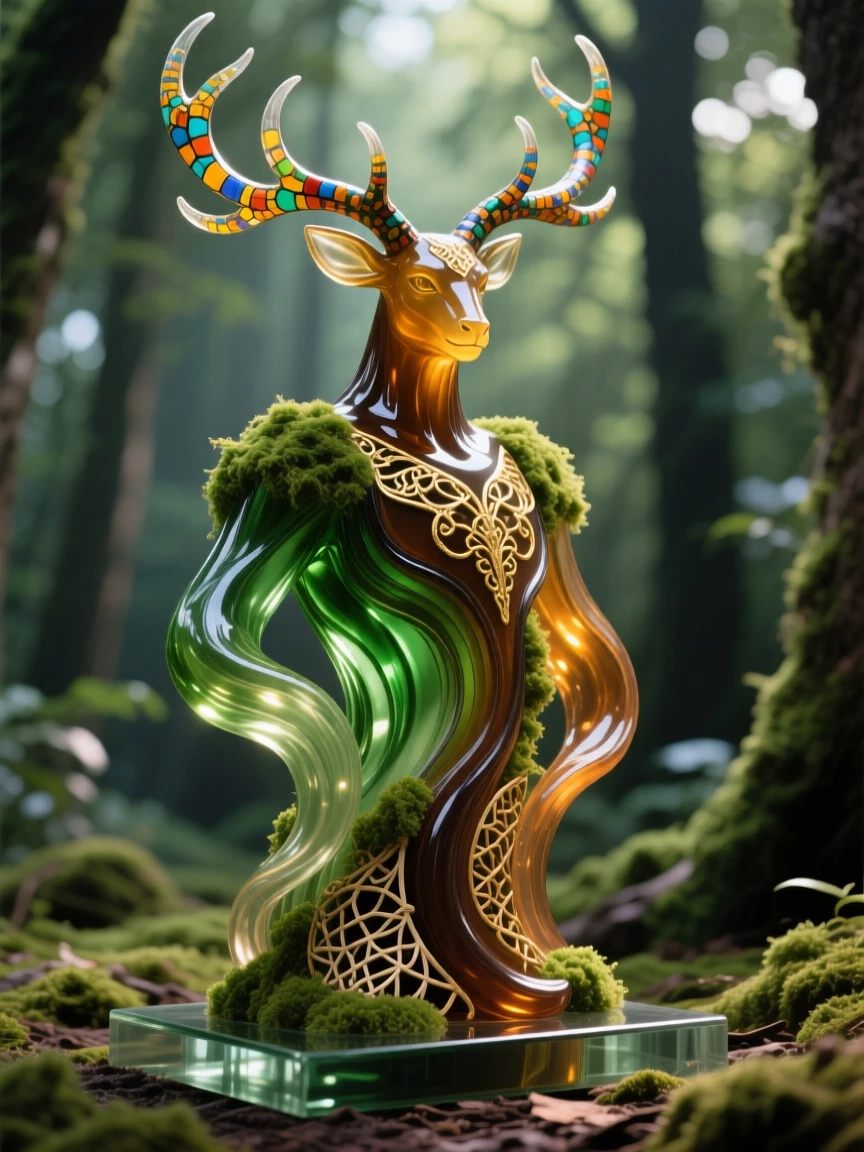 A great forest guardian made of moss and antlers standing in dappled light, mystical and gentle.