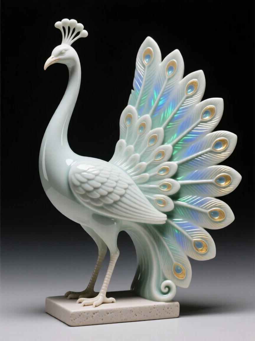 A stylized peacock with an elaborately fanned tail displayed as a refined centerpiece, with an elegant, minimalist silhouette, radiating sophistication and timeless taste.