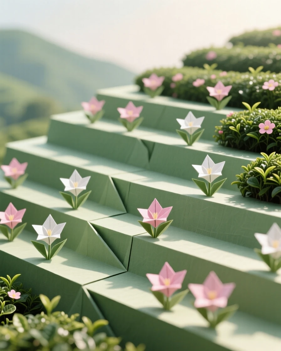A tranquil hillside terraced with blooming tea plants under soft morning light.
