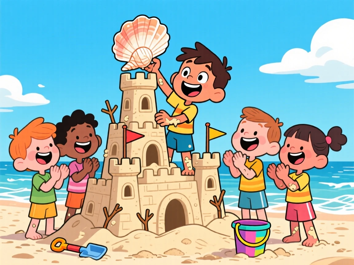 A playful childhood moment of a group of kids building an elaborate sandcastle, one triumphantly placing a seashell on top.