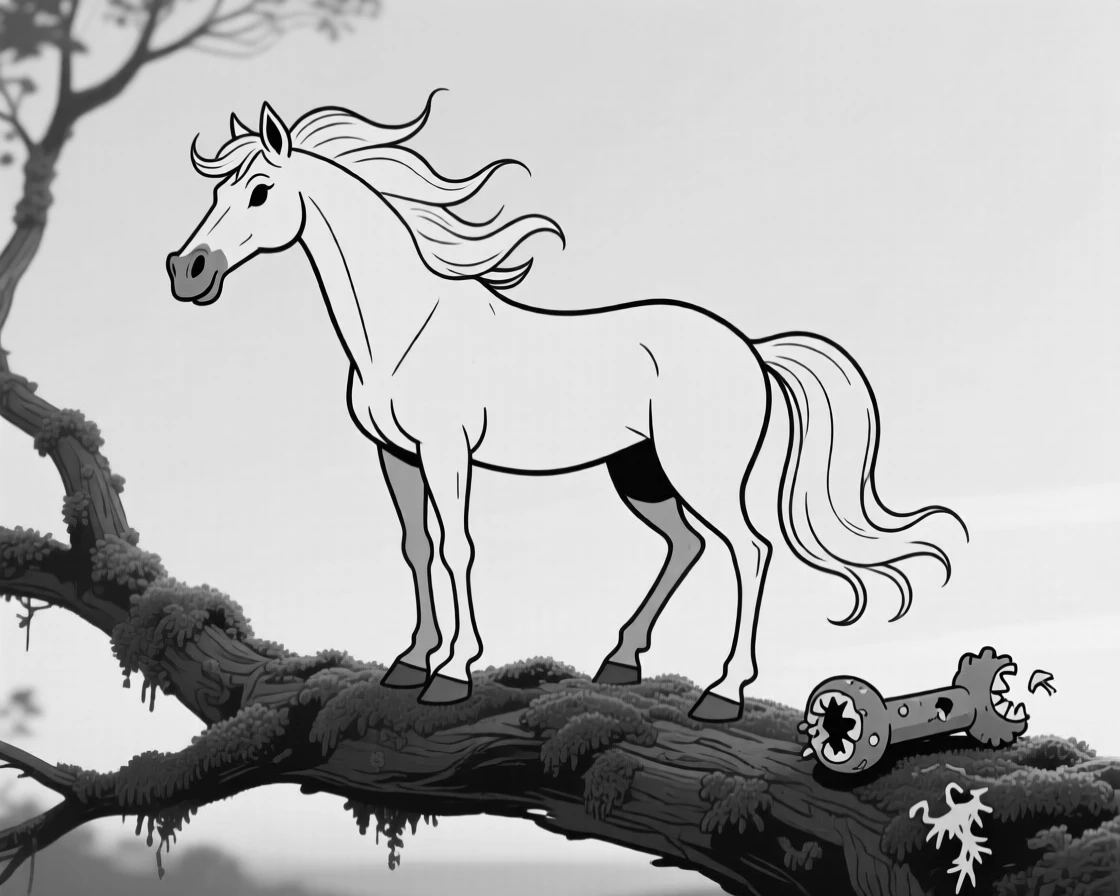 A majestic horse tossing its mane dramatically, tilting its head at an impossible angle, set on a mossy tree branch at dusk. A half-chewed toy lies forgotten nearby. The image radiates pure comic affection.