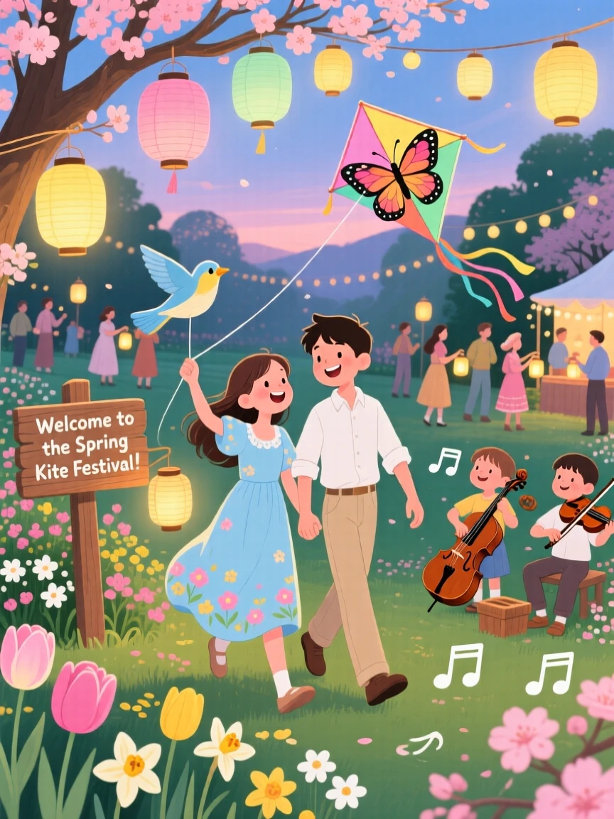In a lantern-strung garden, a young couple celebrate together by flying kites at a spring festival, while soft carols play in the background.