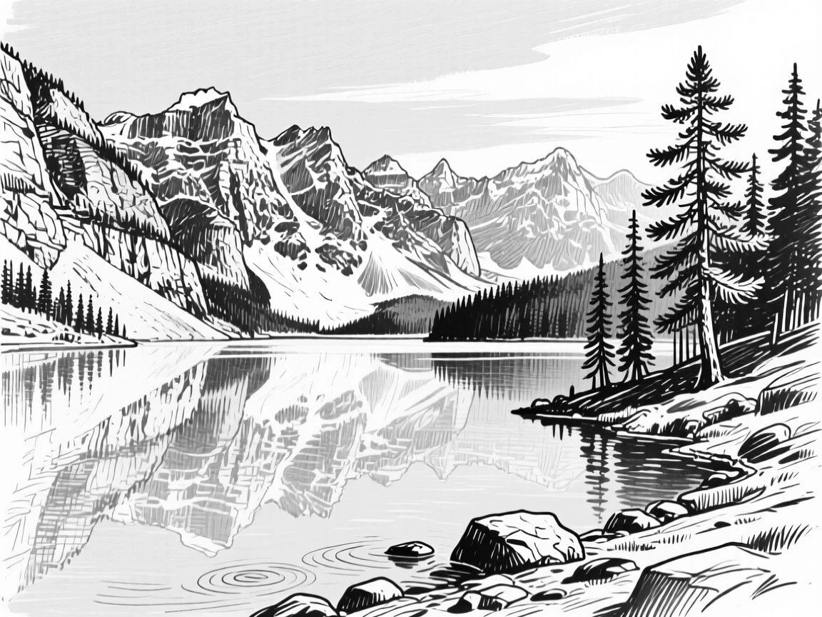 A tranquil alpine lake mirroring a clear blue sky and distant peaks.