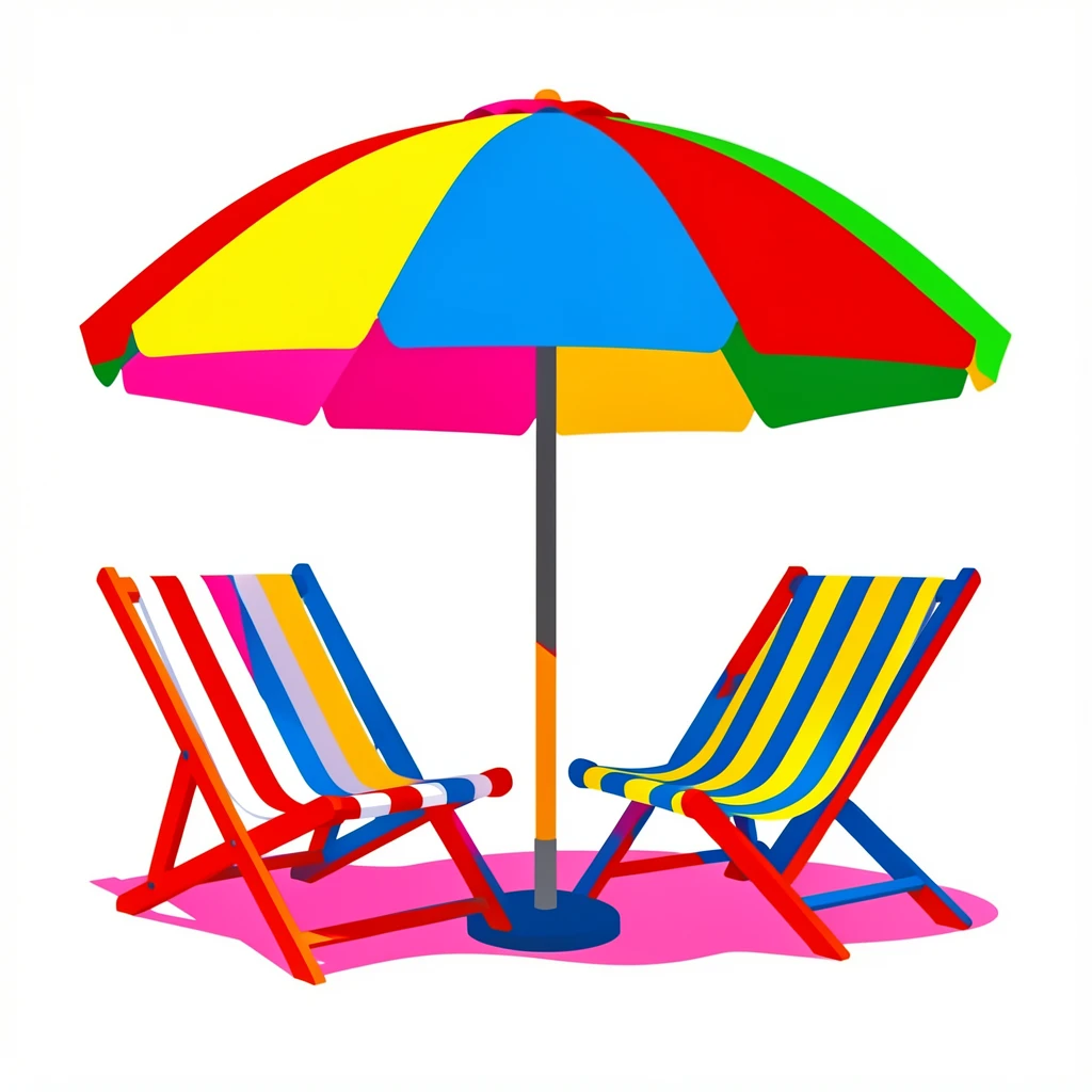 Beach umbrella and striped lounge chairs on white sand