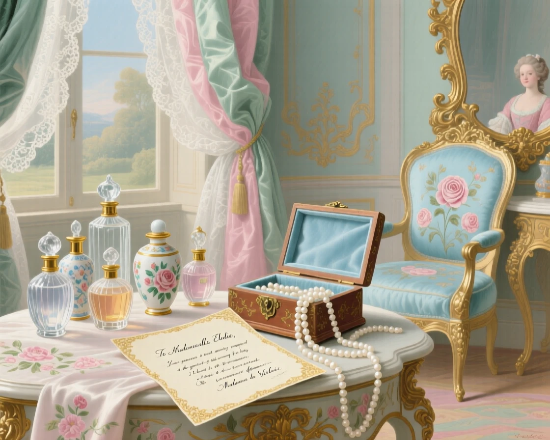 A noblewoman’s boudoir with perfume bottles, pearls, and a handwritten invitation  