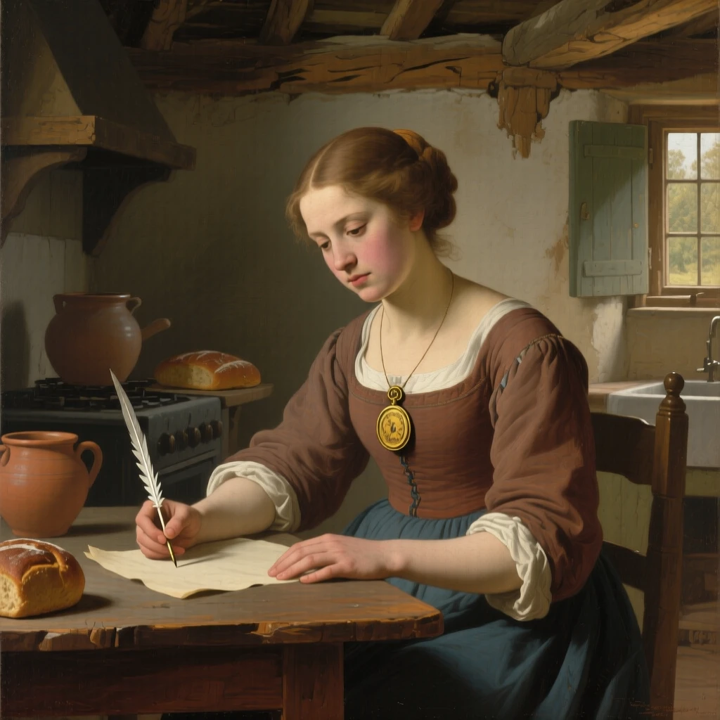 A poet lost in thought with quill hovering over parchment pausing as if interrupted by an unseen presence, set in a modest cottage kitchen filled with the smell of bread, with a cherished heirloom locket resting against her collarbone; the hands are given equal storytelling weight alongside the face, conveying quiet dignity and inner life.