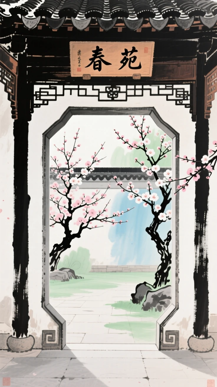 An ornate gateway leading into a courtyard of blooming plum trees, radiating gentle serenity, as spring blossoms unfold.