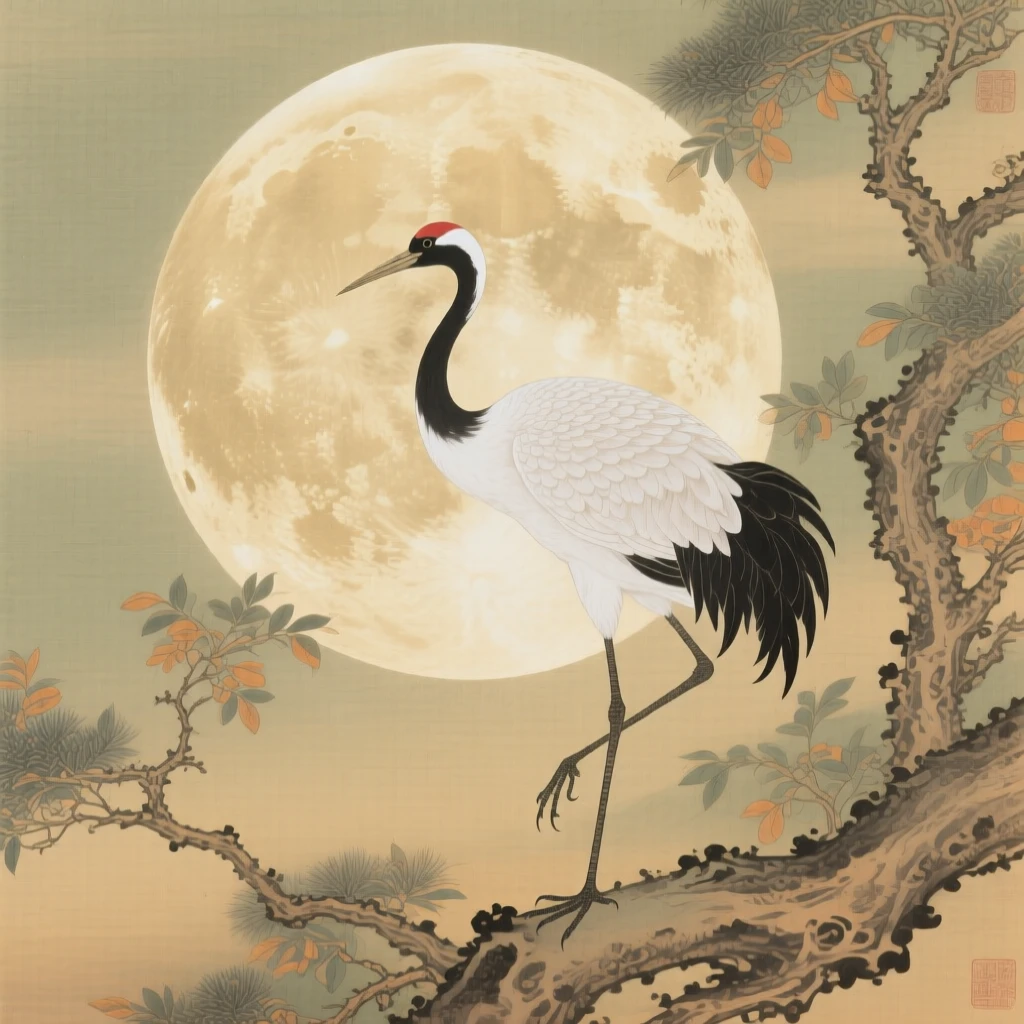 A stork silhouetted against a full harvest moon, soft morning light filtering through the branches