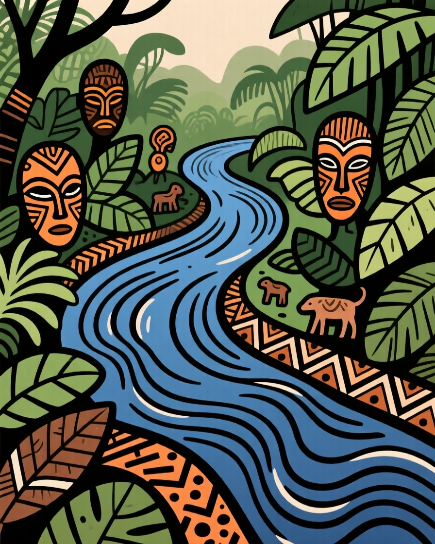 A winding river cutting through dense green jungle.