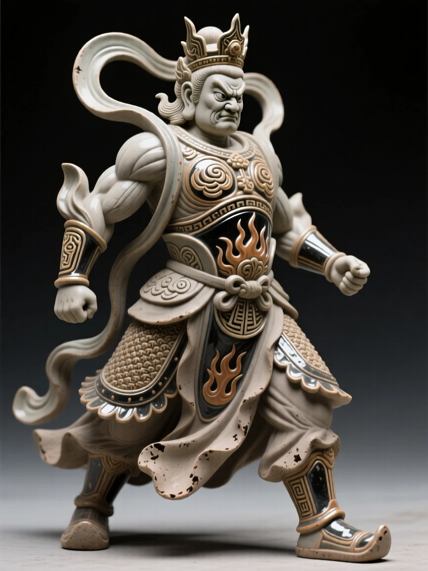 A temple guardian statue standing watch striding forward with purposeful authority, adorned with intricate traditional patterns, capturing the weight of history in a single gaze.