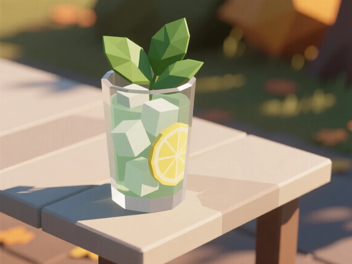 A glass of iced lemonade with mint leaves, on a warm autumn evening table setting. soft natural light highlights rich textures and colors. The mood is fresh and appetizing.