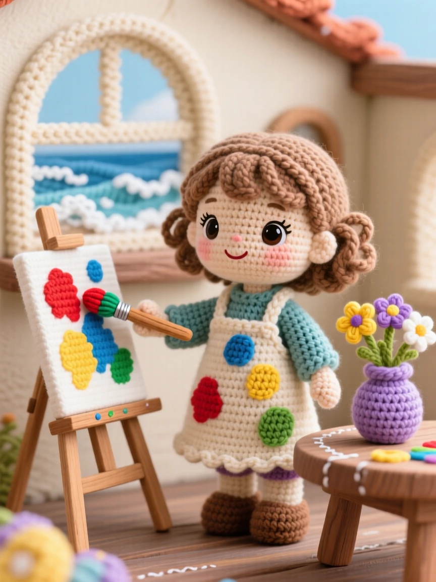 A charming scene of a little girl painter with a smock covered in colorful splotches, dabbing bright paint onto a small canvas inside a seaside cottage with a view of the waves; a small vase of wildflowers on the table adds to the moment, full of gentle pride in a job done with care.