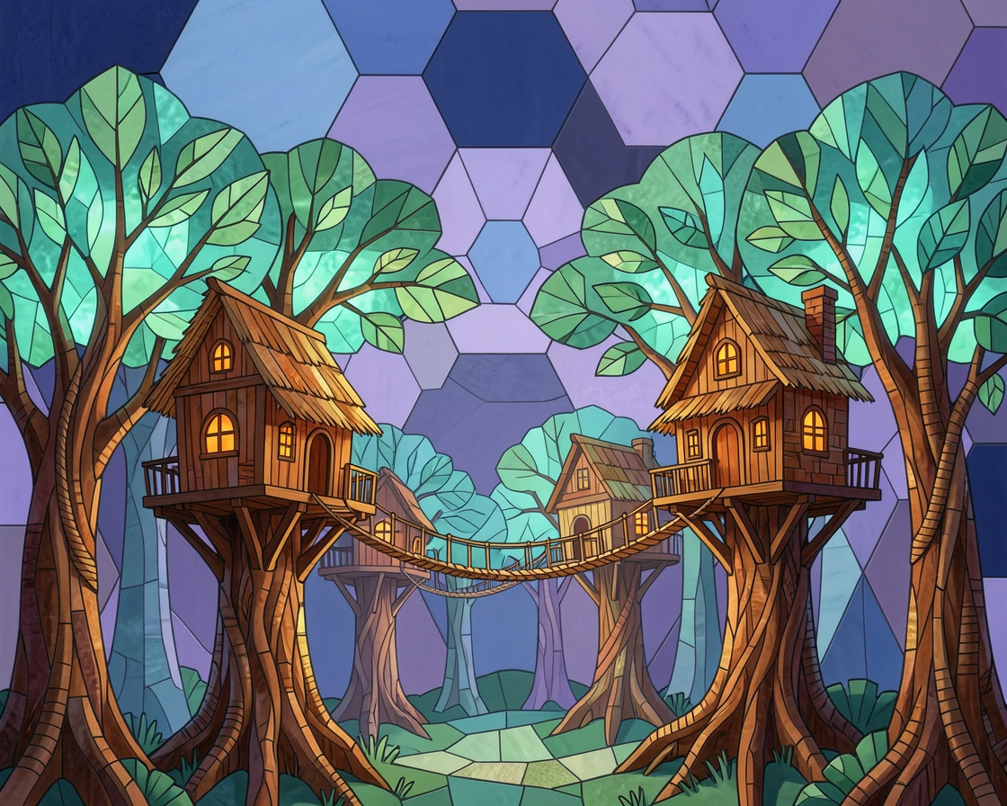 A fantasy treehouse village connected by rope bridges in a glowing forest.