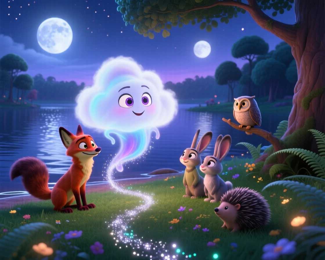 A cloud spirit stands beside a lake reflecting two moons, whispering to woodland creatures gathered nearby. The mood is enchanting, hopeful, and dreamlike, with a trail of glimmering dust following each step.