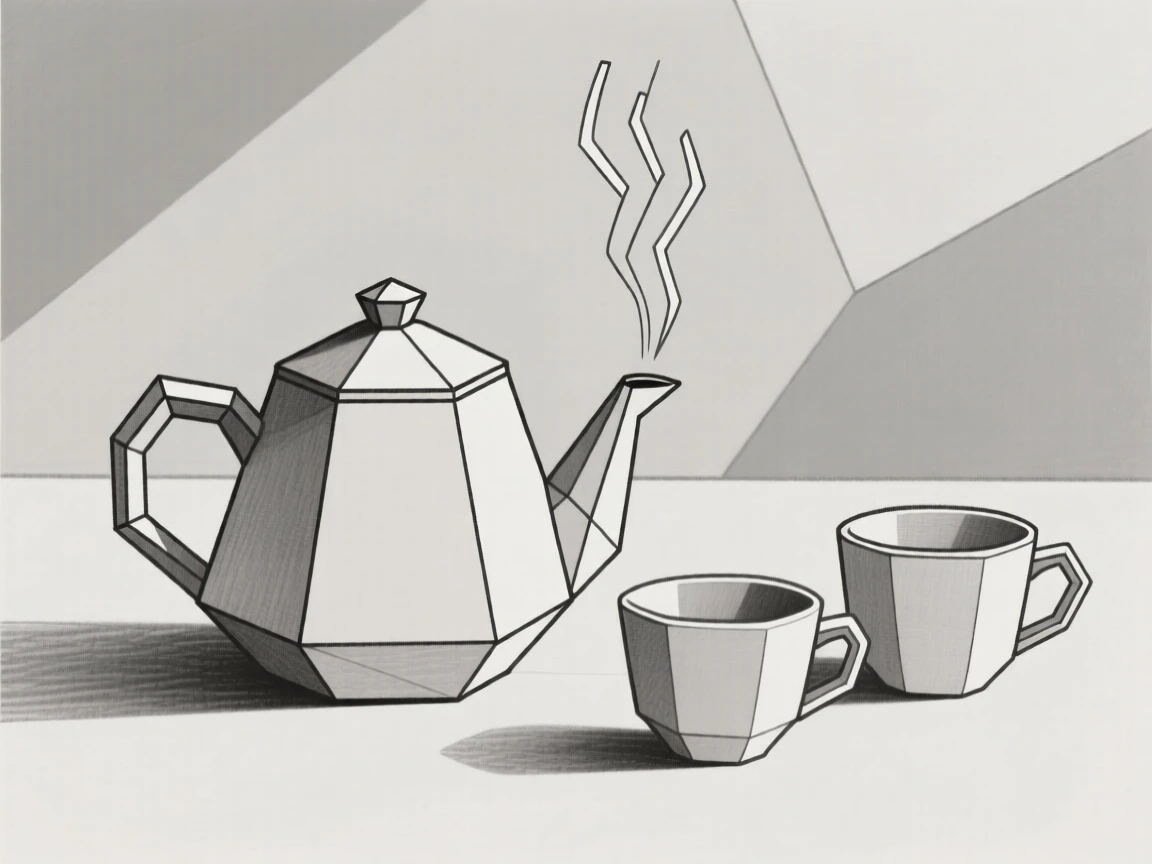 A steaming teapot beside two porcelain cups